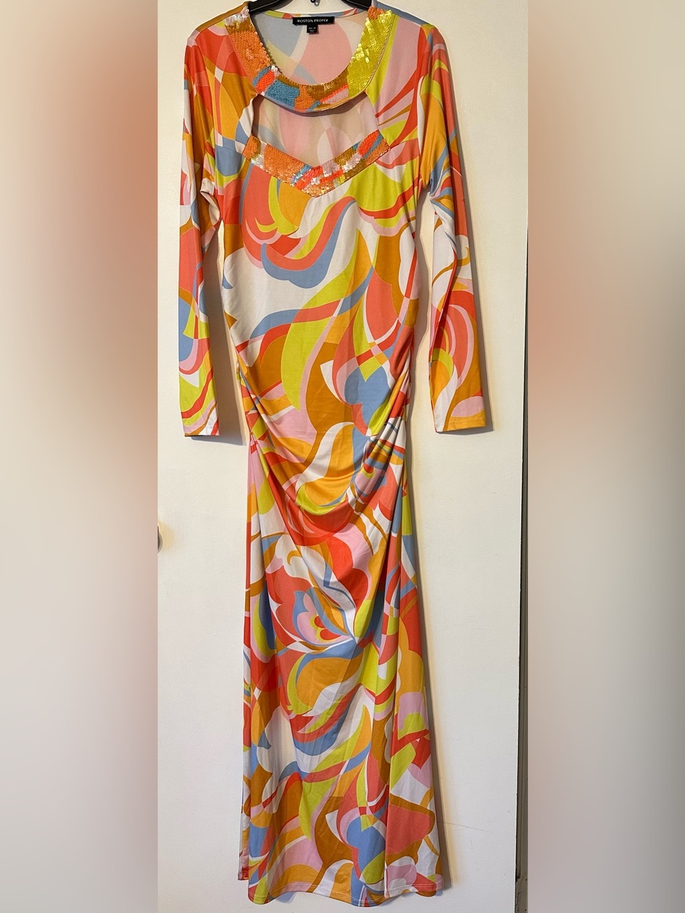 Boston Proper Multicolor Sequin Cutout Ruched Maxi Dress Size
